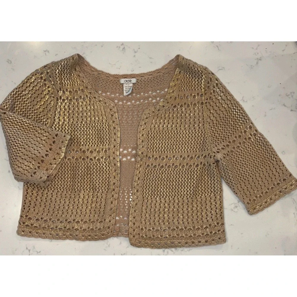 Cache Gold Metallic Short Sleeve Cardigan Size Large 100% Cotton Crochet EUC - Picture 1 of 7